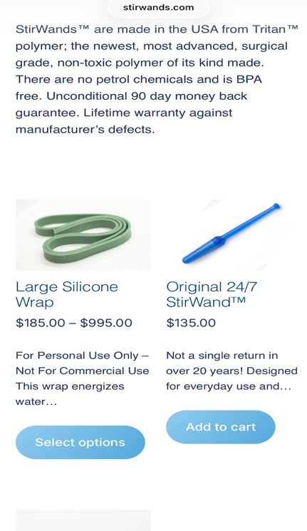 Schermafbeelding van stirwands.com met de huidige prijzen van de Original 24/7 StirWand en de Large Silicone Wrap